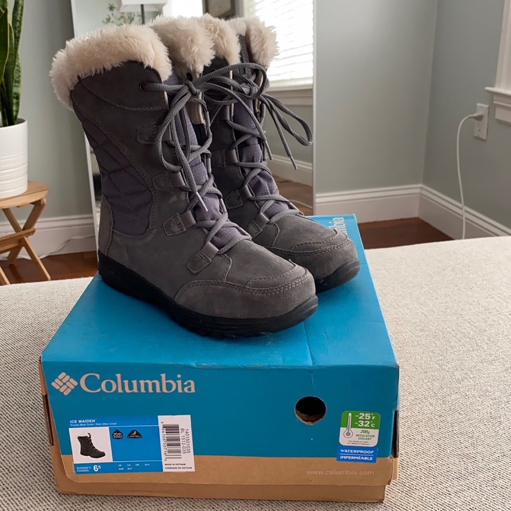 Columbia Ice Maiden waterproof lace-up winter boots Women 6.5 Pewter Blue Coral